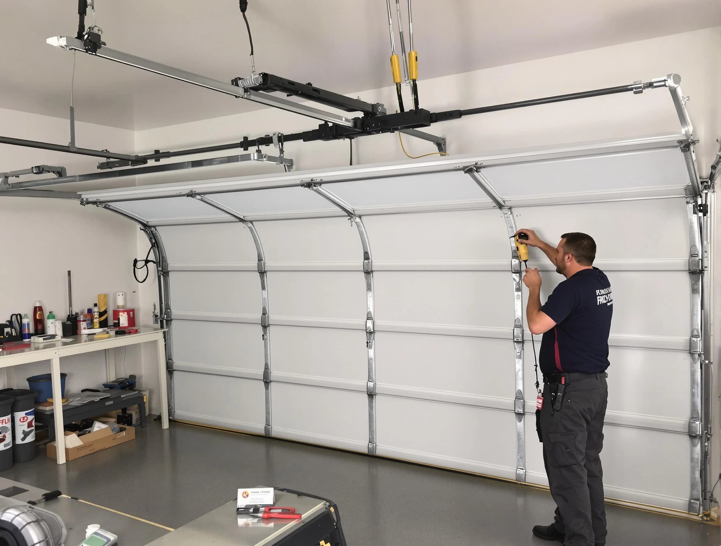 Carnot-Moon Garage Door Repair certified technician performing overhead door system repair in Carnot-Moon