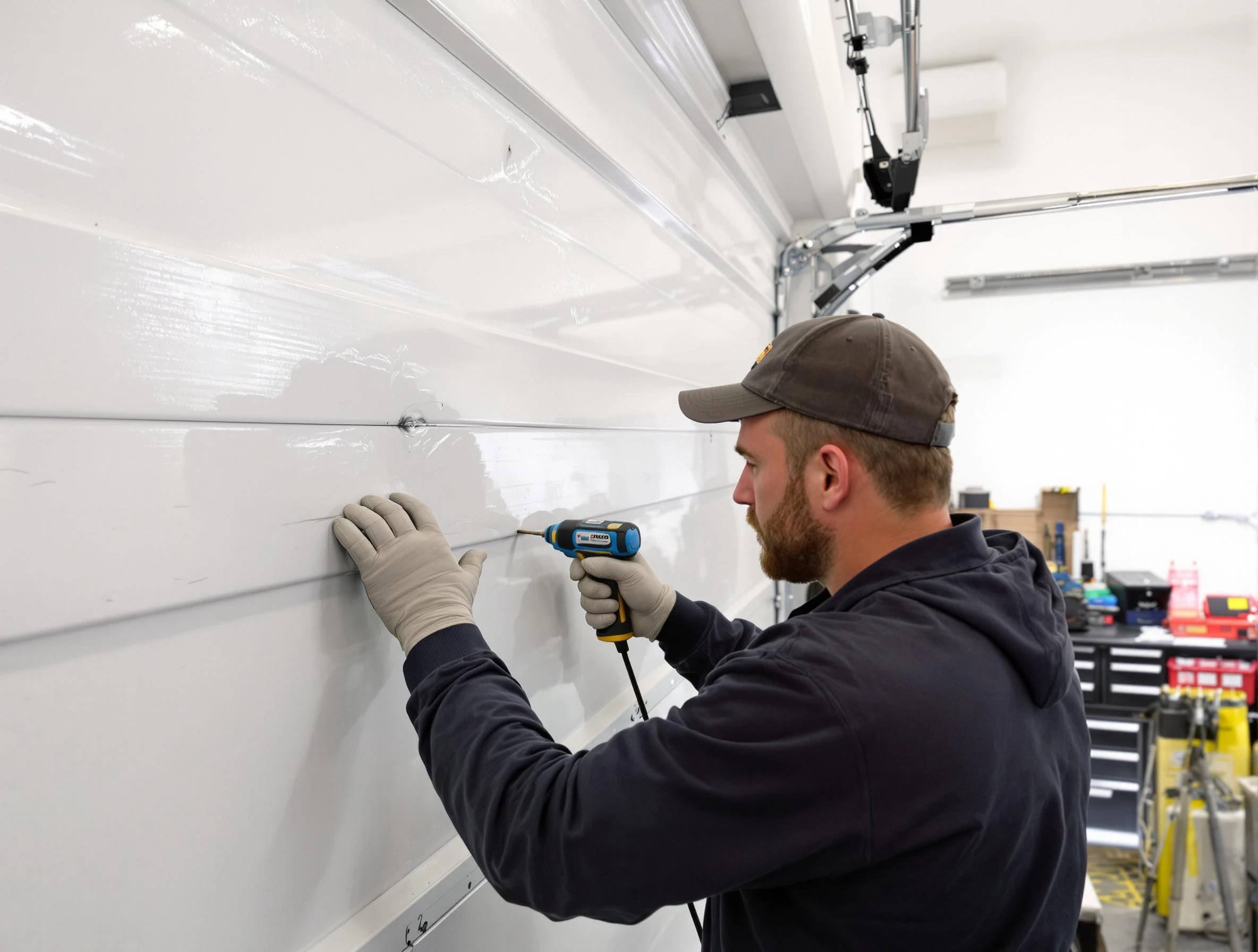 Carnot-Moon Garage Door Repair technician demonstrating precision dent removal techniques on a Carnot-Moon garage door